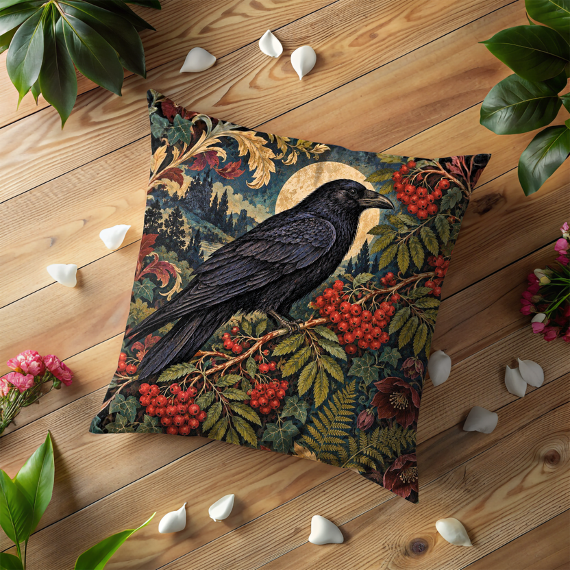 Raven Pillow Cover | Nocturnal Autumn Forest Landscape