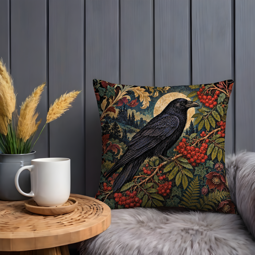 Raven Pillow Cover | Nocturnal Autumn Forest Landscape