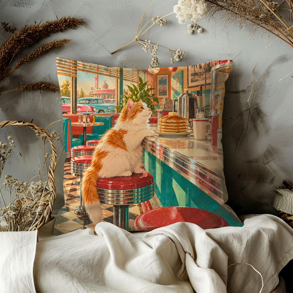 Retro Cat Pillow Cover | 1950s American Diner Interior