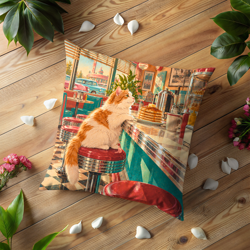Retro Cat Pillow Cover | 1950s American Diner Interior