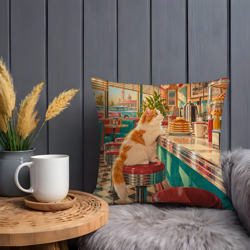 Retro Cat Pillow Cover | 1950s American Diner Interior
