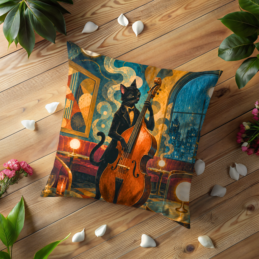 Cat Playing Double Bass Pillow Cover | Club at Night