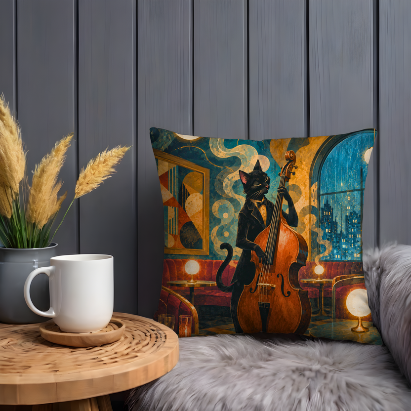 Cat Playing Double Bass Pillow Cover | Club at Night