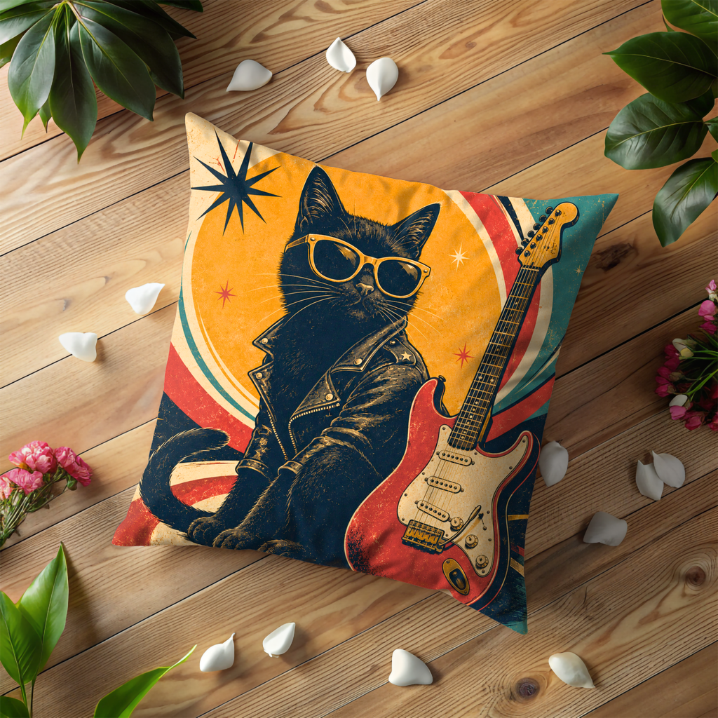 Black Jacket and Leather Pillow Cover | Abstract, Retro-style Background with a Sun-like Circle and Cosmic Elements