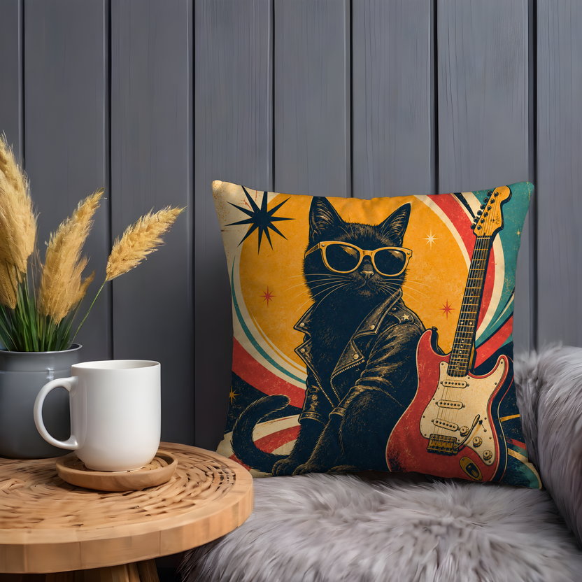 Black Jacket and Leather Pillow Cover | Abstract, Retro-style Background with a Sun-like Circle and Cosmic Elements