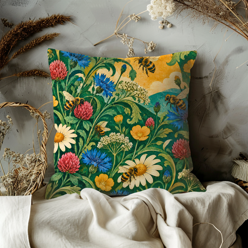 Honeybees Pillow Cover | Lush Wildflower Meadow Under a Golden Sun