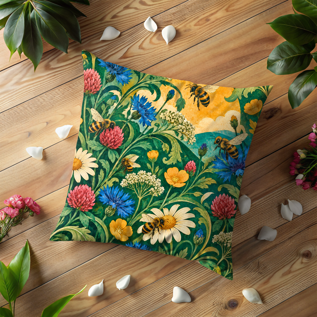 Honeybees Pillow Cover | Lush Wildflower Meadow Under a Golden Sun
