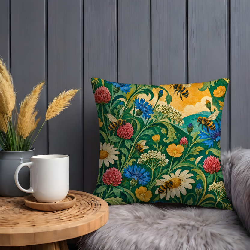 Honeybees Pillow Cover | Lush Wildflower Meadow Under a Golden Sun