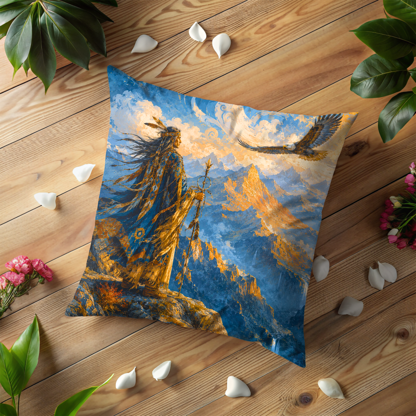 Figure with Eagle Pillow Cover | Mountainous Landscape at Sunrise