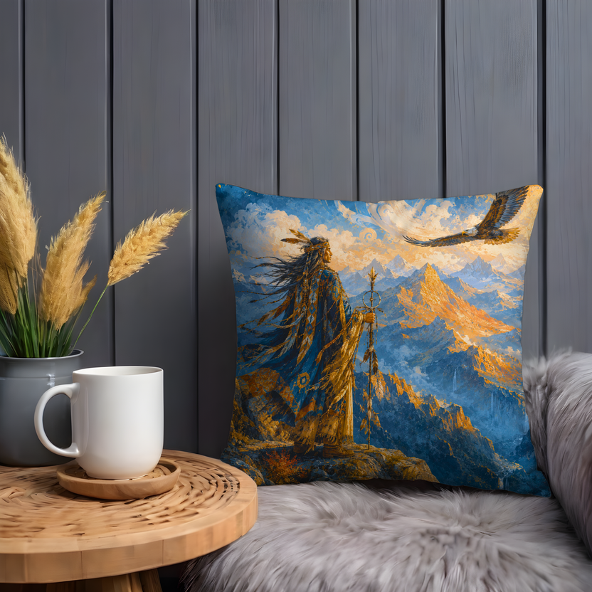 Figure with Eagle Pillow Cover | Mountainous Landscape at Sunrise