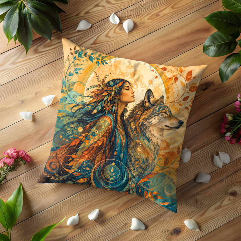 Woman with Wolf Pillow Cover | Mystical, Ethereal, Nature- Setting Under a Large Moon