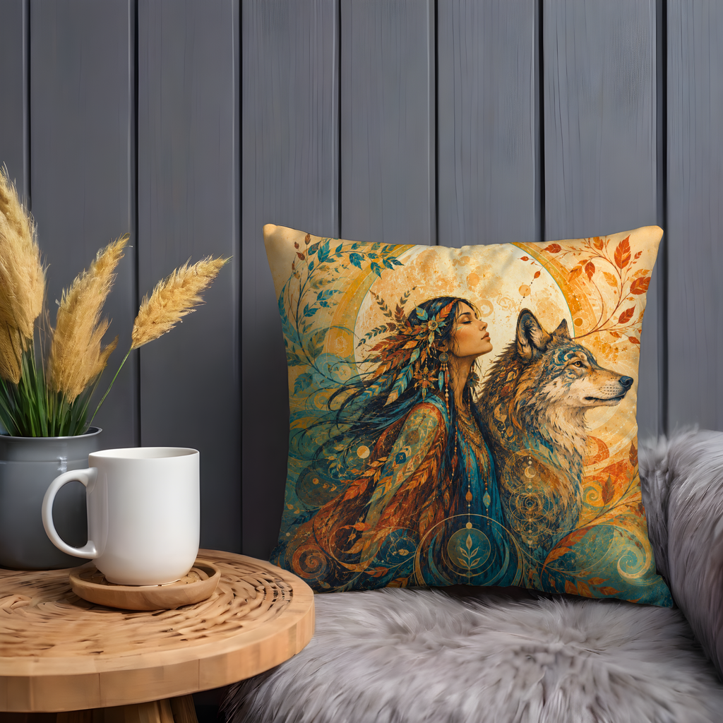 Woman with Wolf Pillow Cover | Mystical, Ethereal, Nature- Setting Under a Large Moon