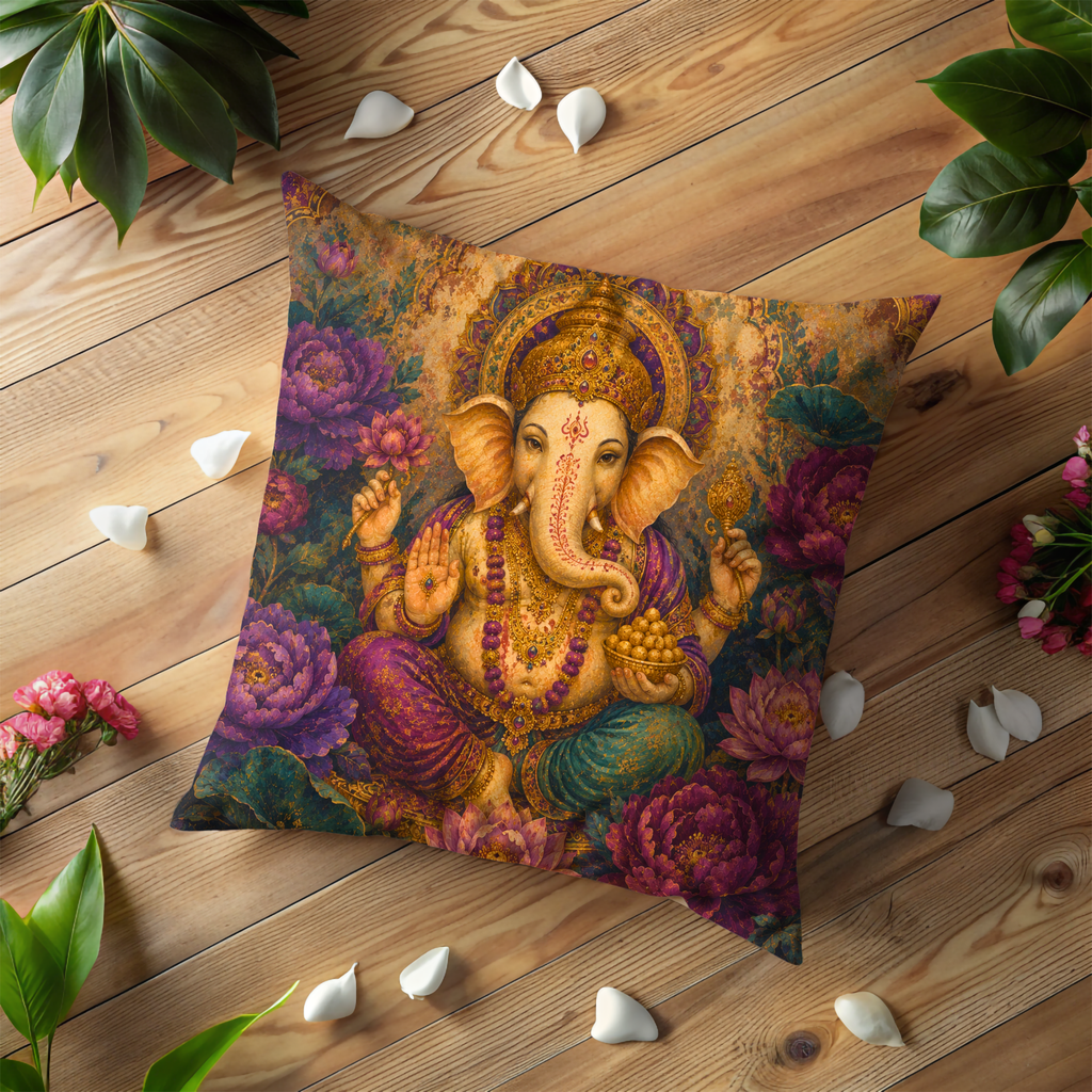 Ganesha Pillow Cover | Ornate Gold and Floral Background