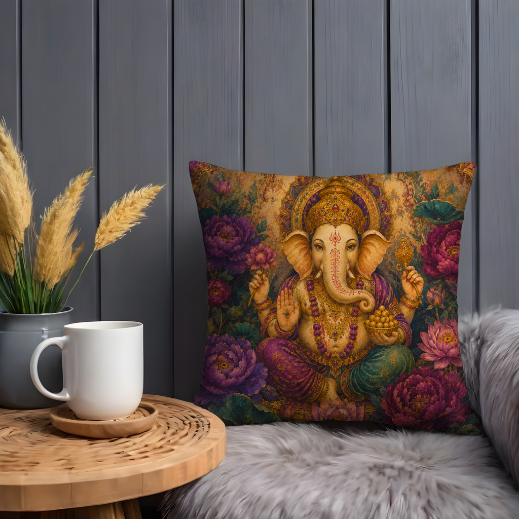 Ganesha Pillow Cover | Ornate Gold and Floral Background