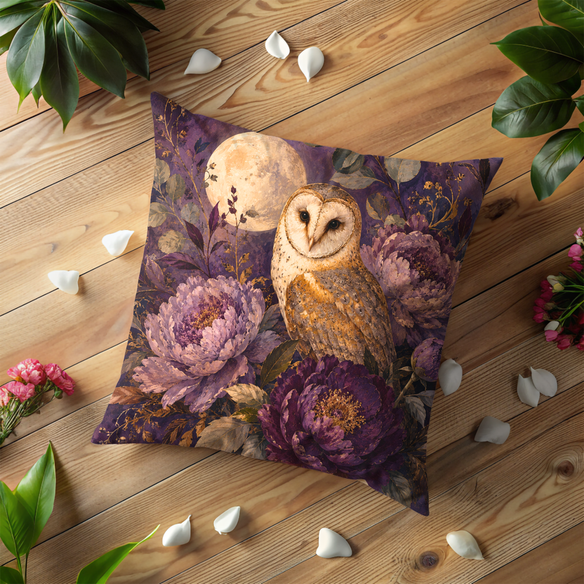 Owl Pillow Cover | Nocturnal Floral Scene with a Full Moon