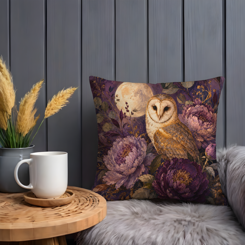 Owl Pillow Cover | Nocturnal Floral Scene with a Full Moon