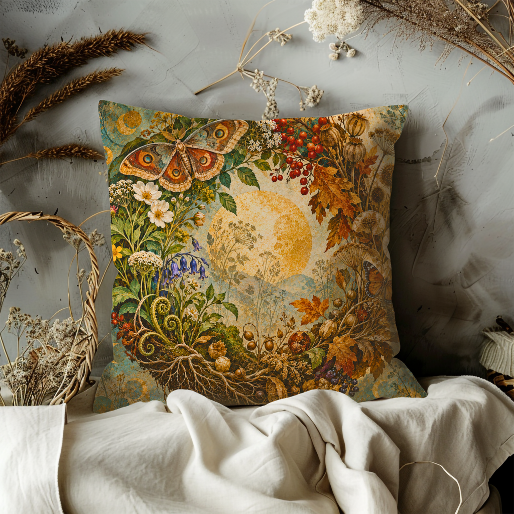 Moth Botanical Wreath Pillow Cover | Full Moon Cottagecore Decor
