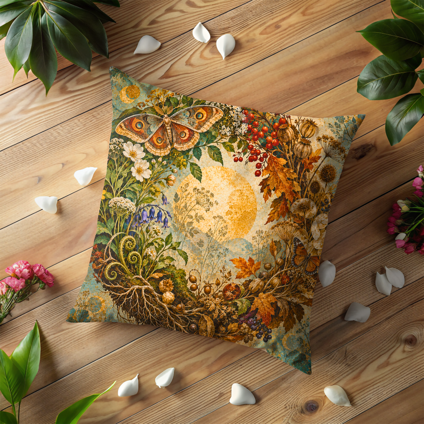Moth Botanical Wreath Pillow Cover | Full Moon Cottagecore Decor
