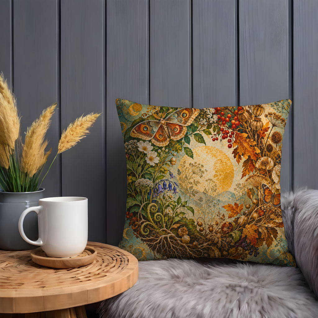 Moth Botanical Wreath Pillow Cover | Full Moon Cottagecore Decor