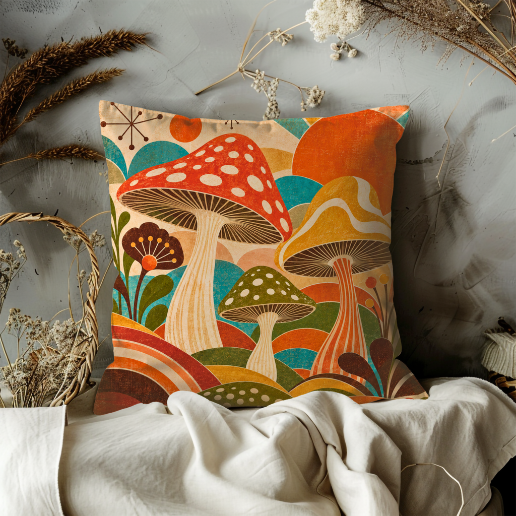 Mushroom Pillow Cover | Retro Sunburst Landscape