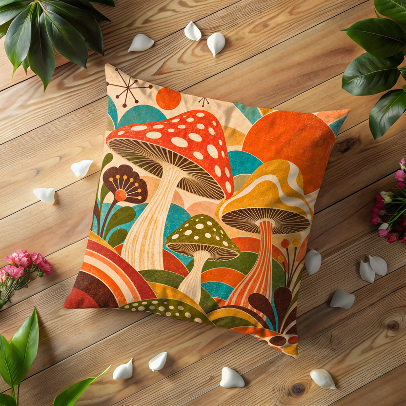 Mushroom Pillow Cover | Retro Sunburst Landscape