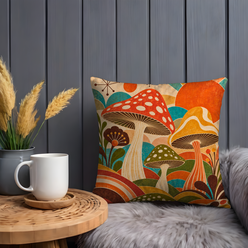 Mushroom Pillow Cover | Retro Sunburst Landscape