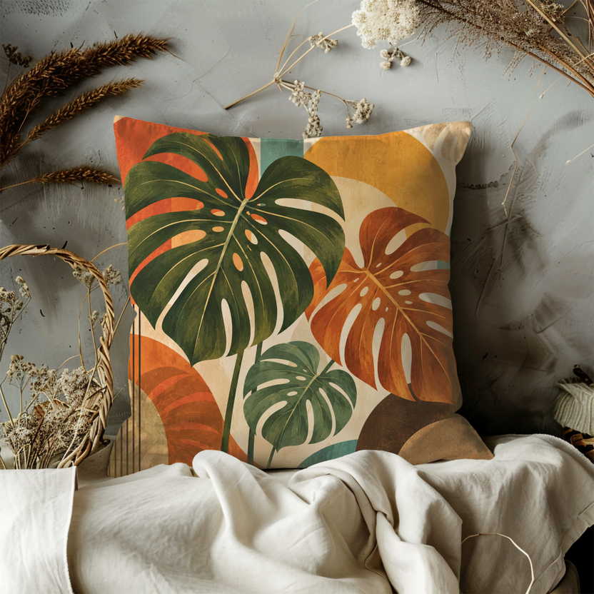 Monstera Pillow Cover | Mid Century Leaf Arches