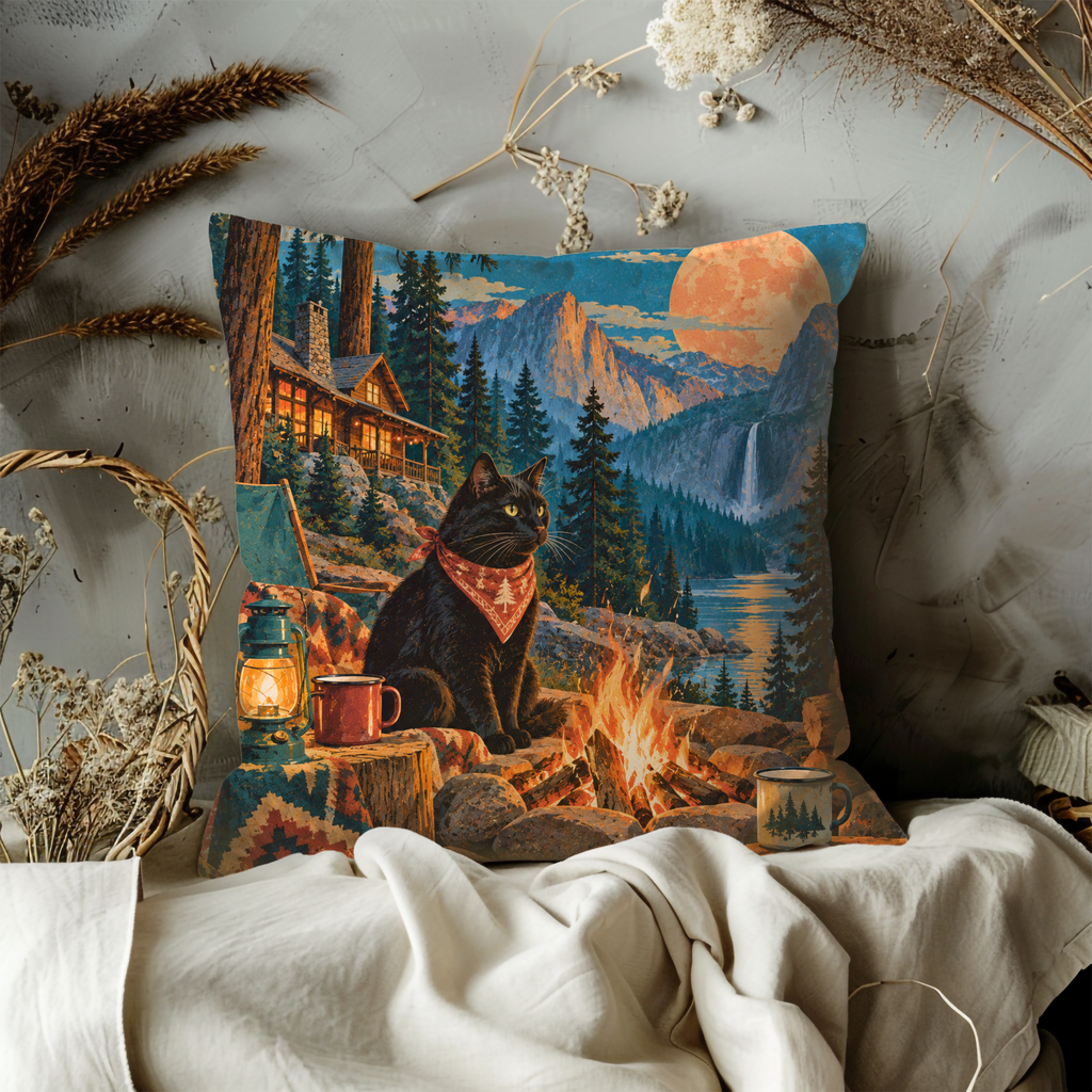 Black Cat Pillow Cover | Campfire Cabin Dusk