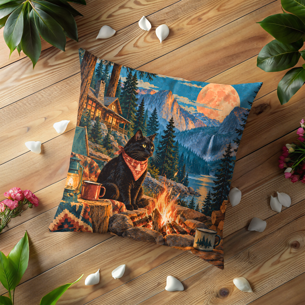 Black Cat Pillow Cover | Campfire Cabin Dusk