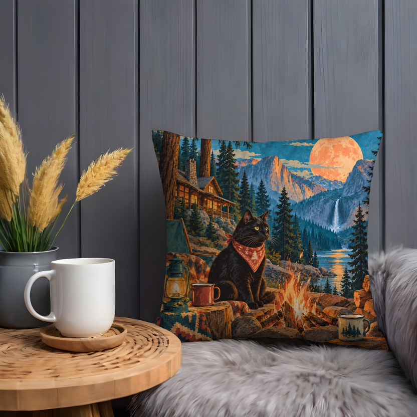 Black Cat Pillow Cover | Campfire Cabin Dusk