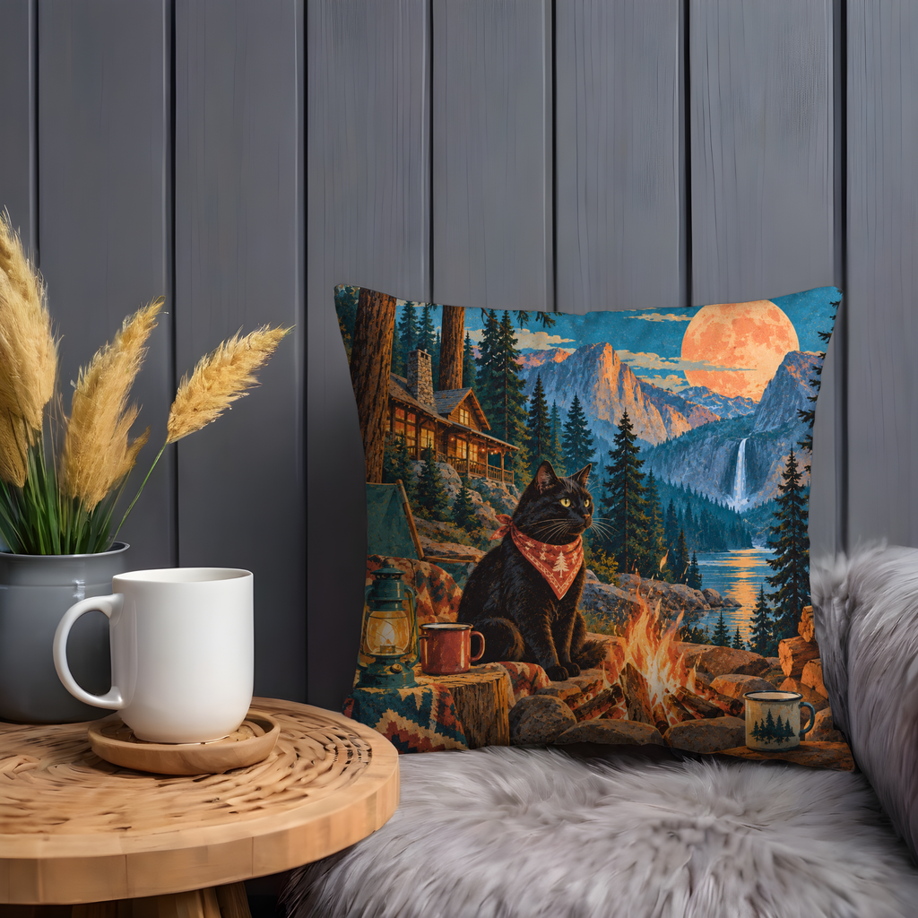 Black Cat Pillow Cover | Campfire Cabin Dusk
