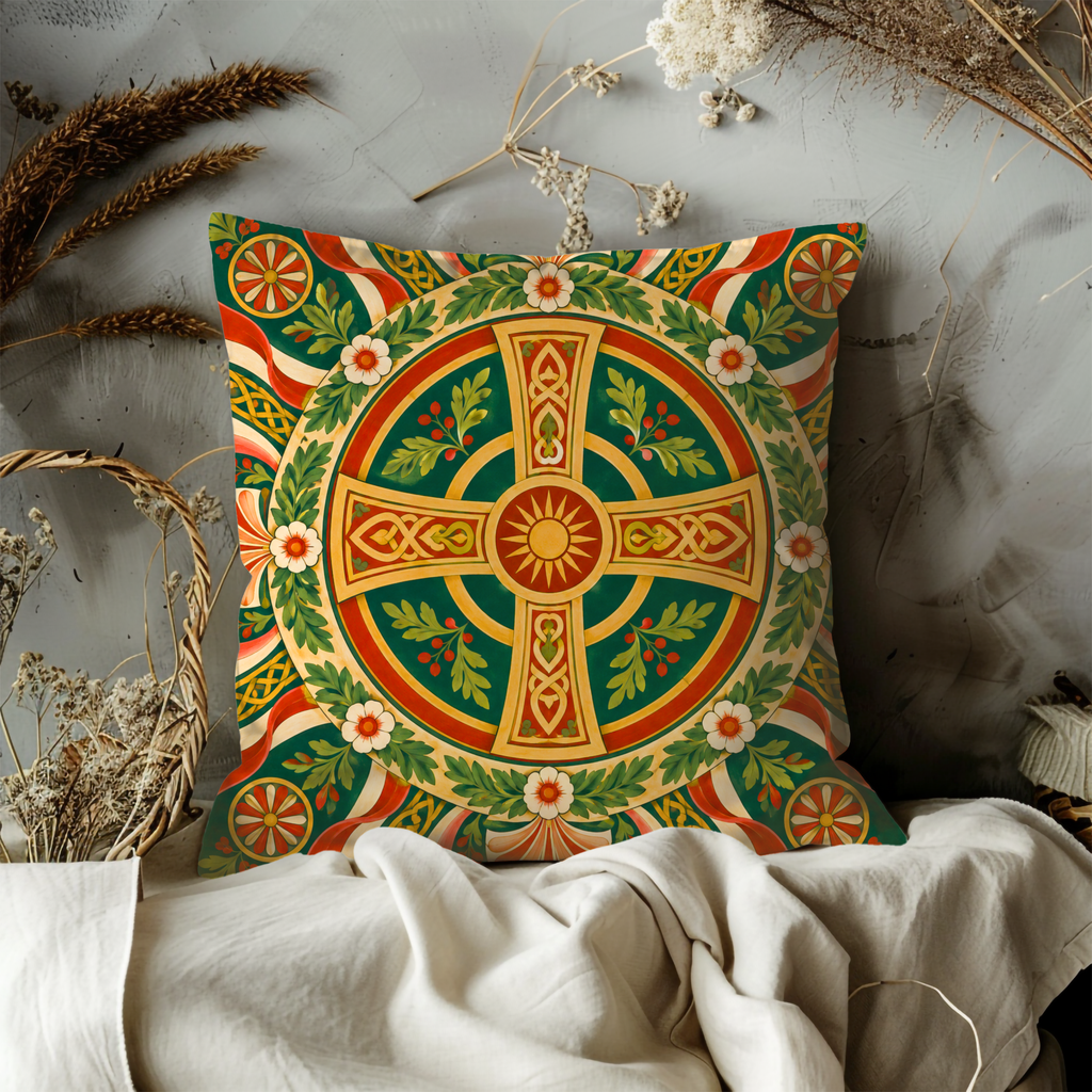 Celtic Cross Pillow Cover | Folk Symbol Landscape