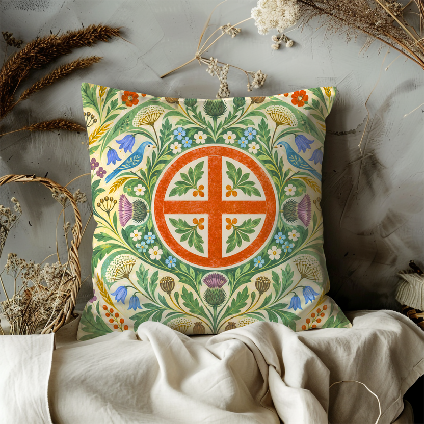 Flanked Pillow Cover | Flat decorative botanical arrangement on a