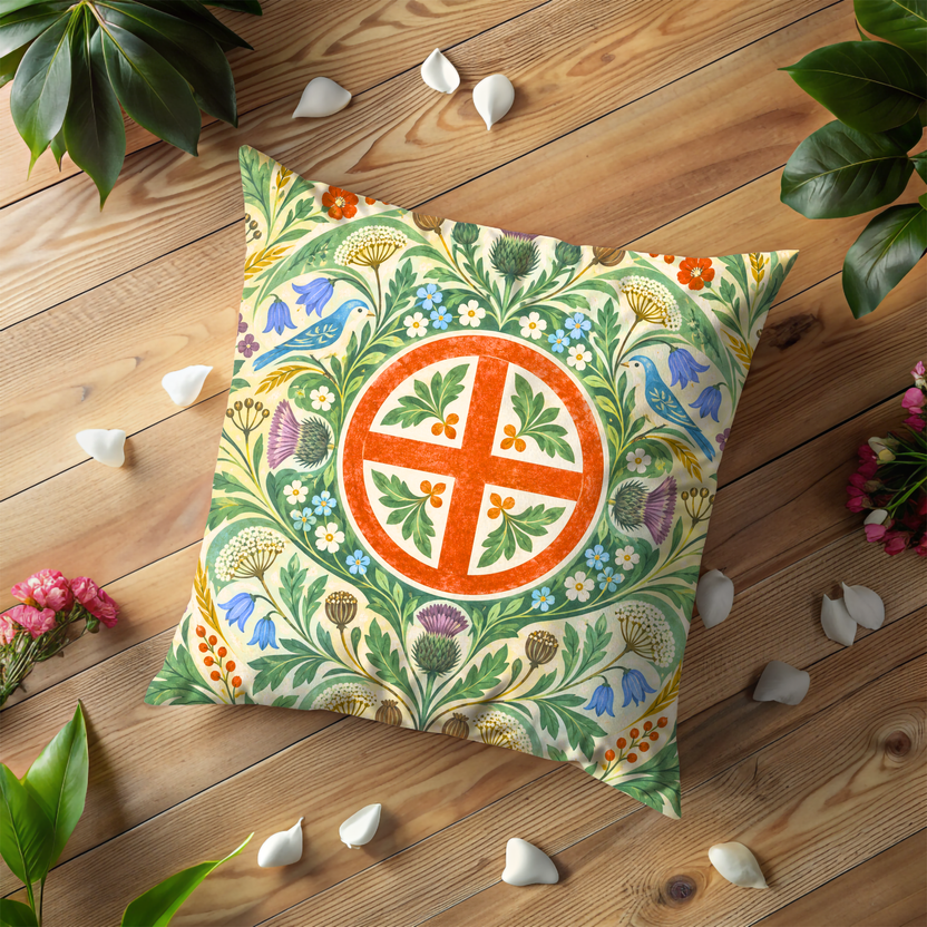 Flanked Pillow Cover | Flat decorative botanical arrangement on a
