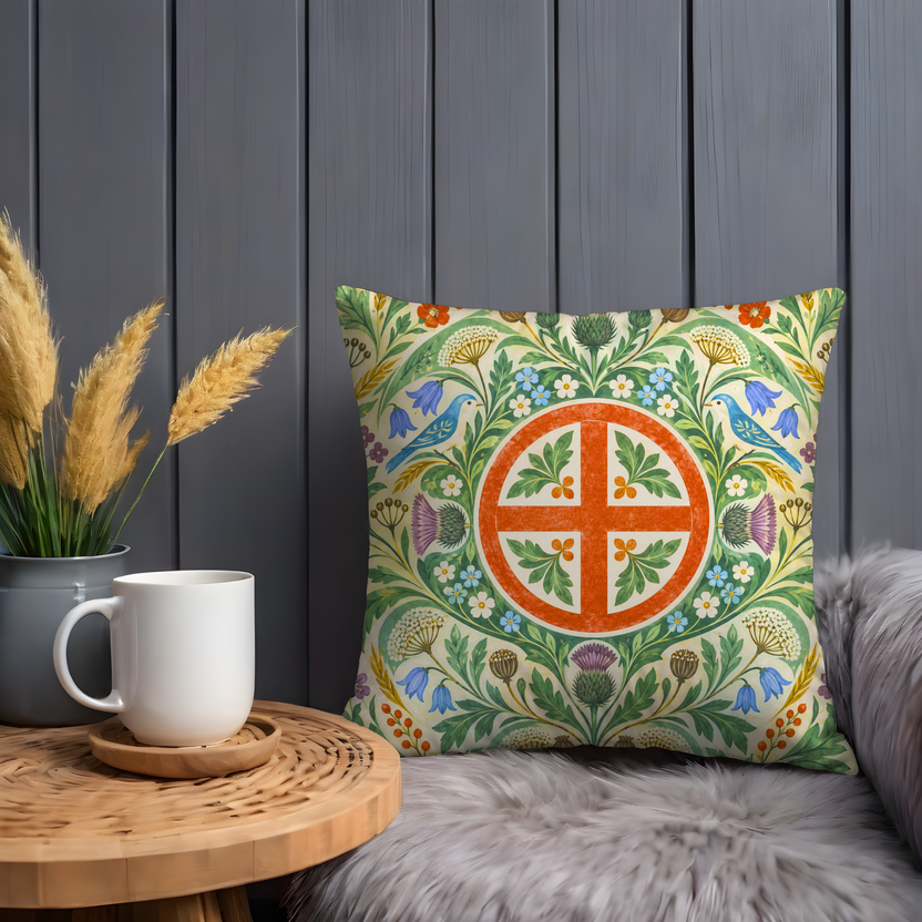 Flanked Pillow Cover | Flat decorative botanical arrangement on a
