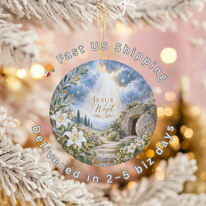 pi-owner-mockup:3:6aa4db24b64b581383065266|SHIPPING_OVERLAY|Open Tomb Ceramic Ornament | Christian Resurrection | Religi gallery
