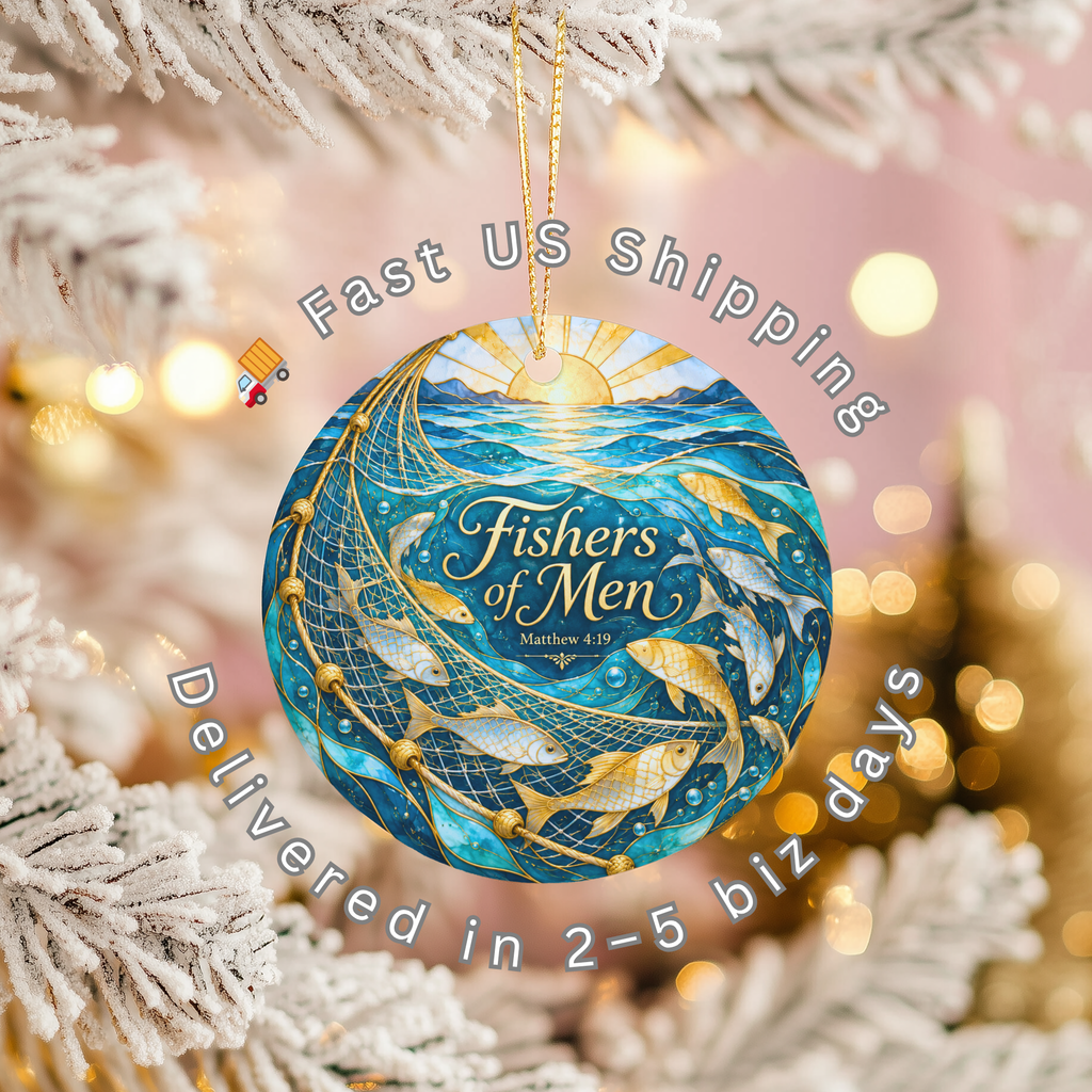 pi-owner-mockup:3:6aa637c610b7a229cd05b17e|SHIPPING_OVERLAY|Fishers of Men Ceramic Ornament | Biblical Theme | Stained G gallery
