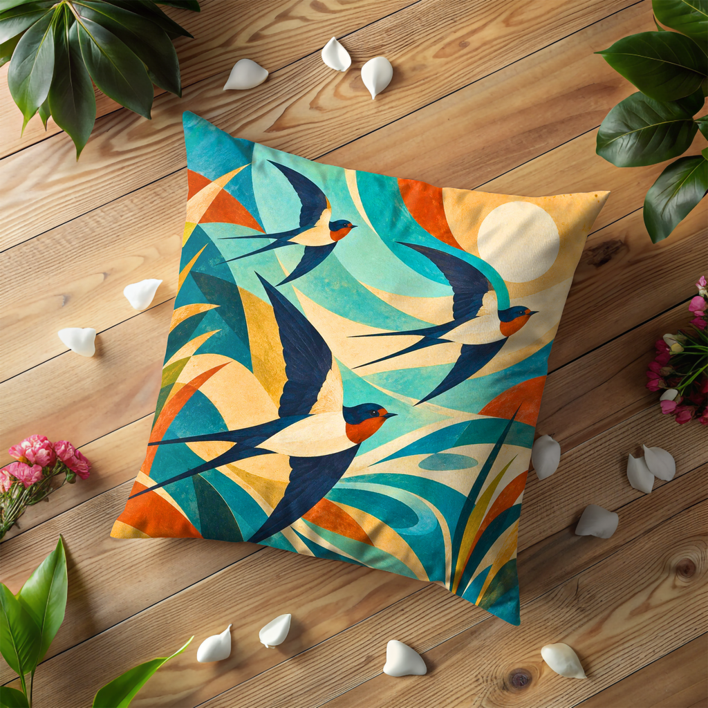 Swallows Flight Pillow Cover | Abstract Vibrant Landscape