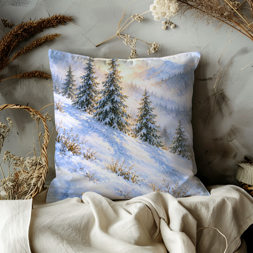 Snowy Pine Trees Pillow Cover | Mountain Slope