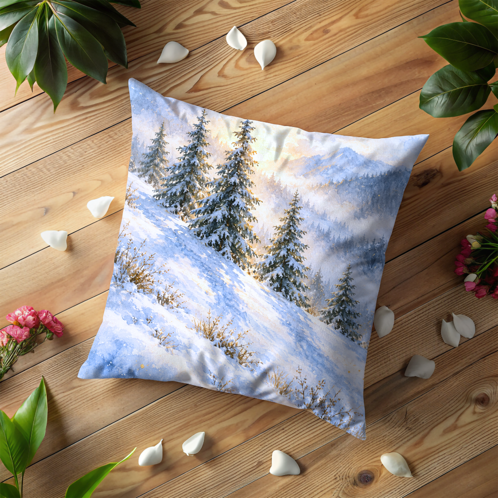 Snowy Pine Trees Pillow Cover | Mountain Slope