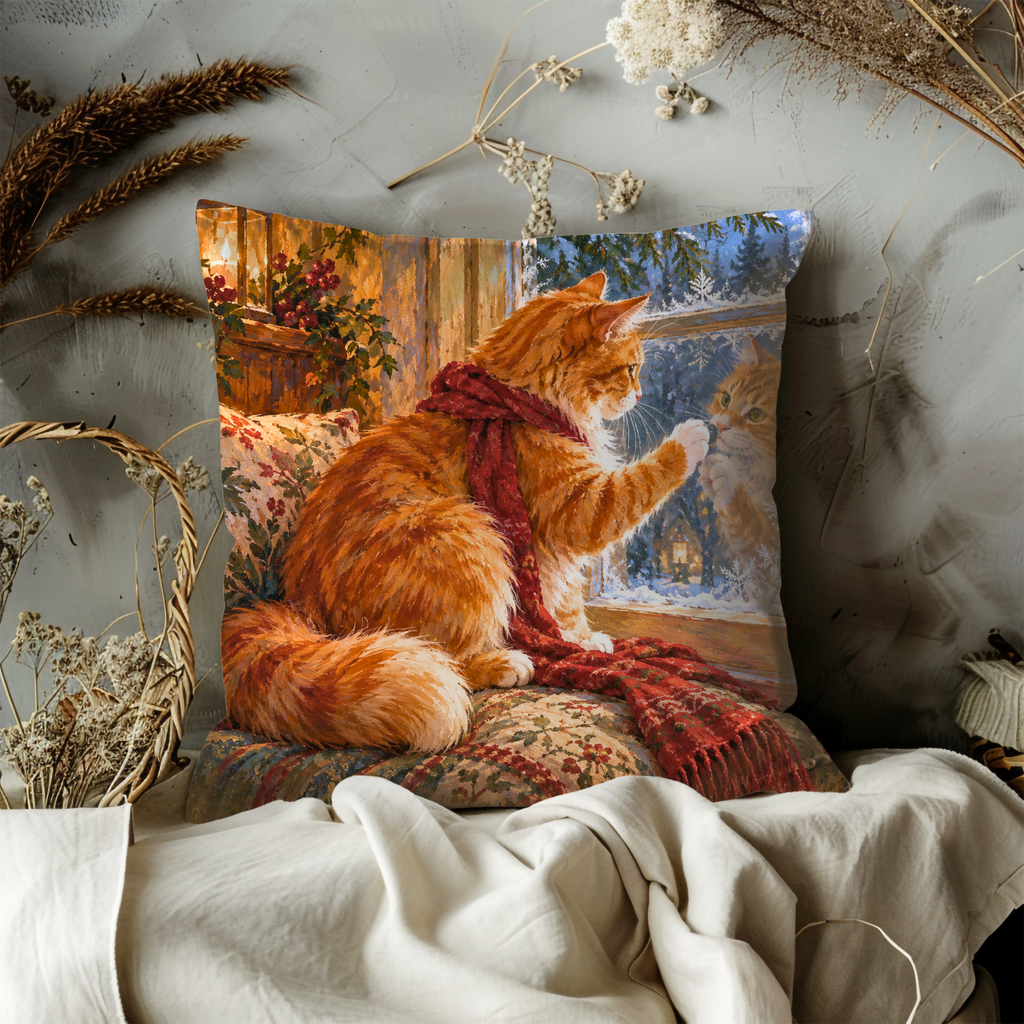 Orange Cat Looking Out Window Pillow Cover | Cozy Indoor Setting By a Window, Looking Out