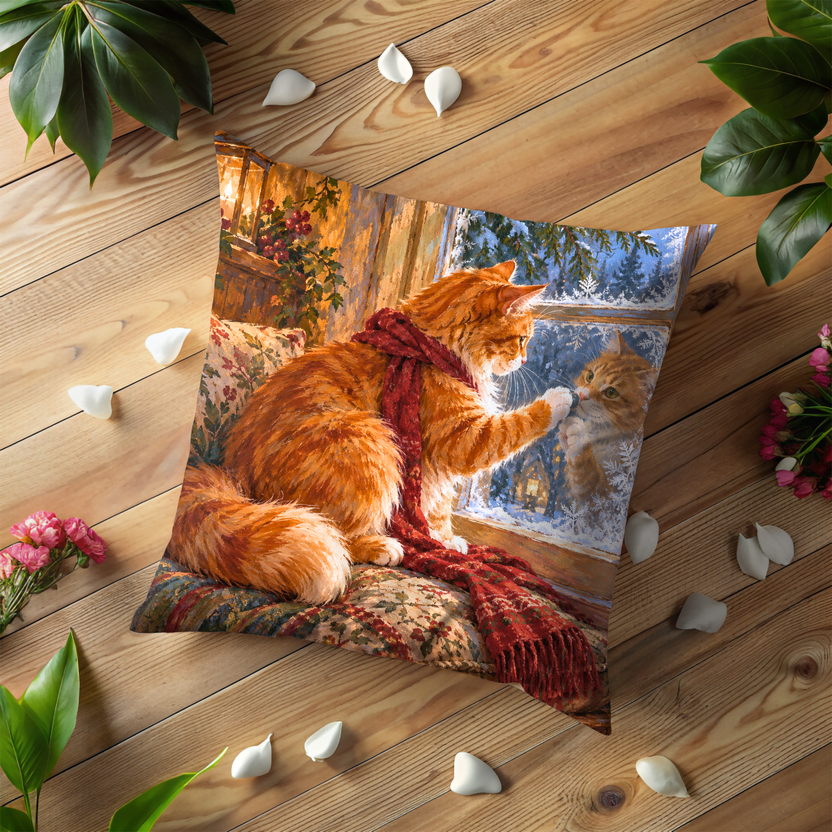 Orange Cat Looking Out Window Pillow Cover | Cozy Indoor Setting By a Window, Looking Out