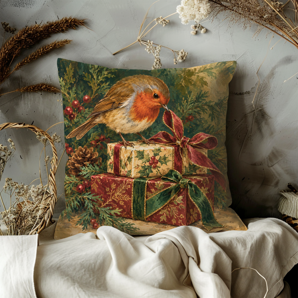 Robin Perched Stacked Christmas Gifts Pillow Cover | European Robin Perched on Stacked Christmas Gifts