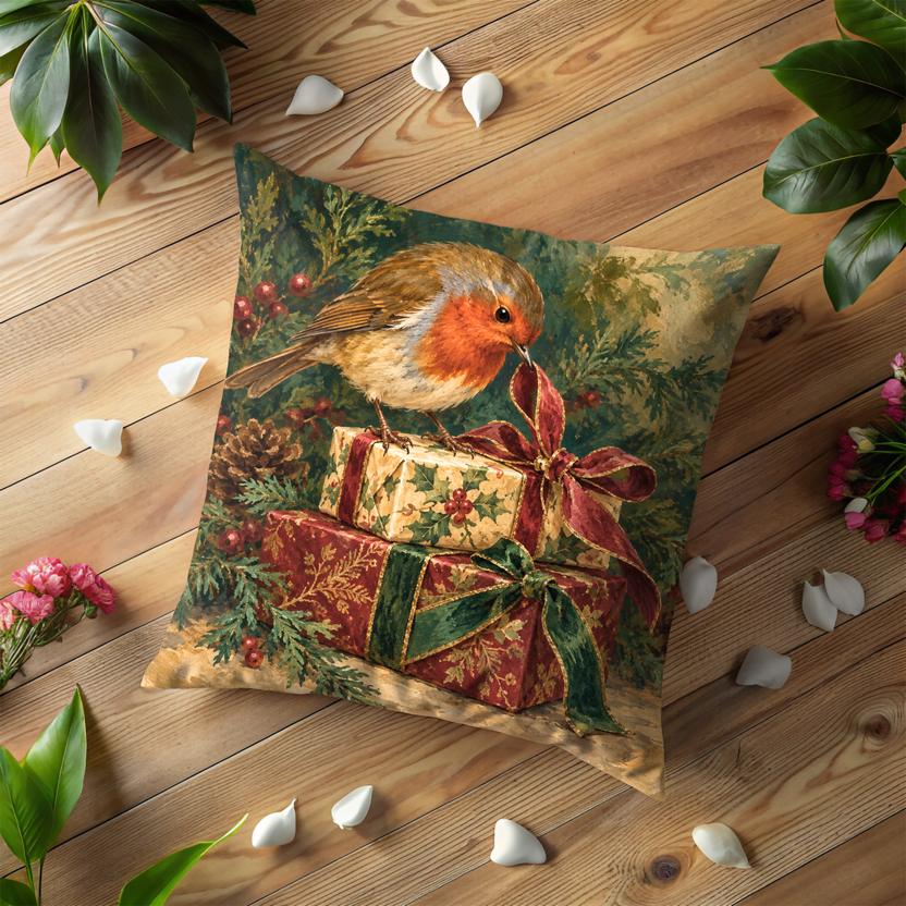 Robin Perched Stacked Christmas Gifts Pillow Cover | European Robin Perched on Stacked Christmas Gifts