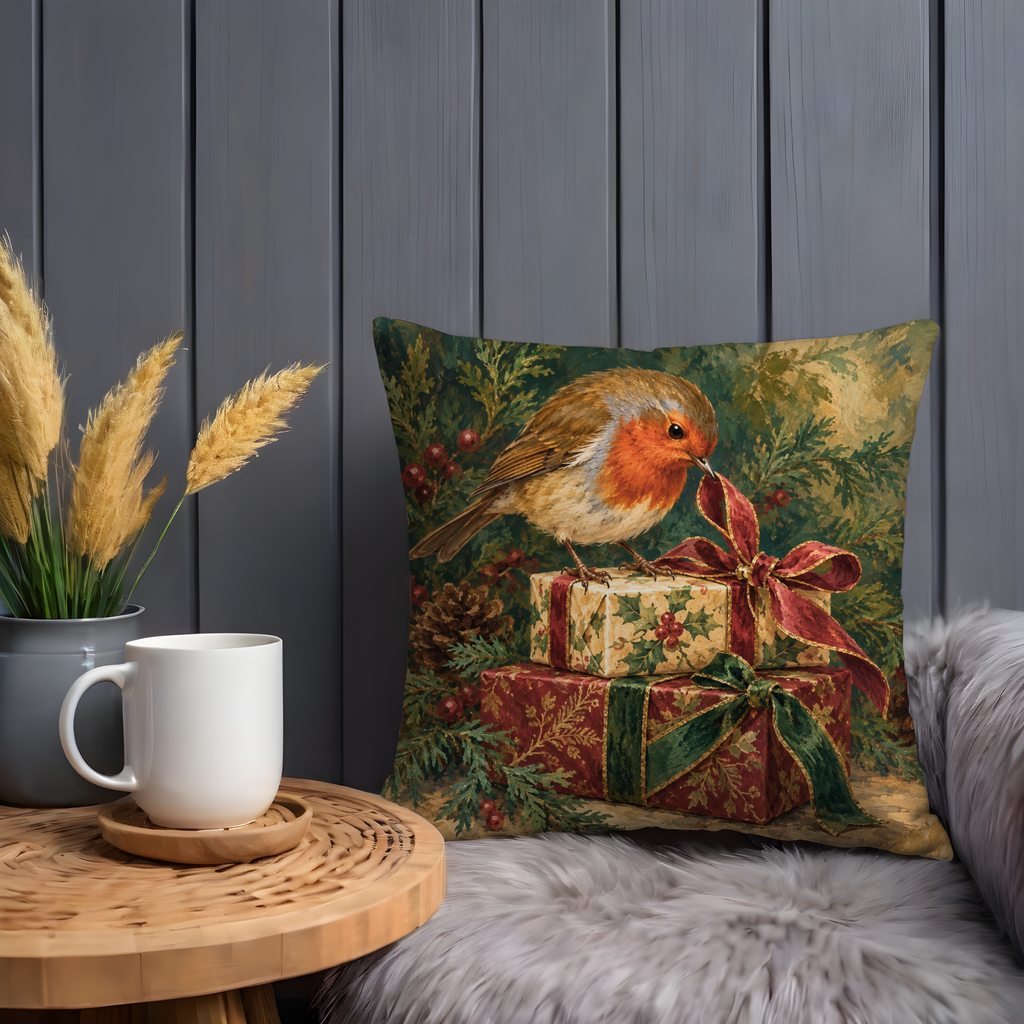 Robin Perched Stacked Christmas Gifts Pillow Cover | European Robin Perched on Stacked Christmas Gifts