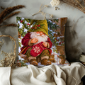 Gnome Knitting Red Mitten Pillow Cover | Snowy Winter Forest Scene Outside Rustic Cabin with snowflake design