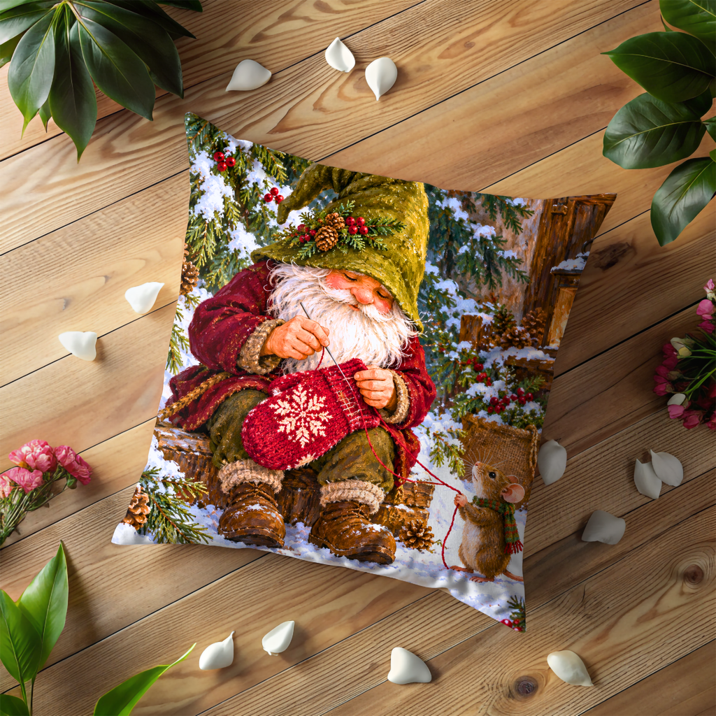 Gnome Knitting Red Mitten Pillow Cover | Snowy Winter Forest Scene Outside Rustic Cabin with snowflake design