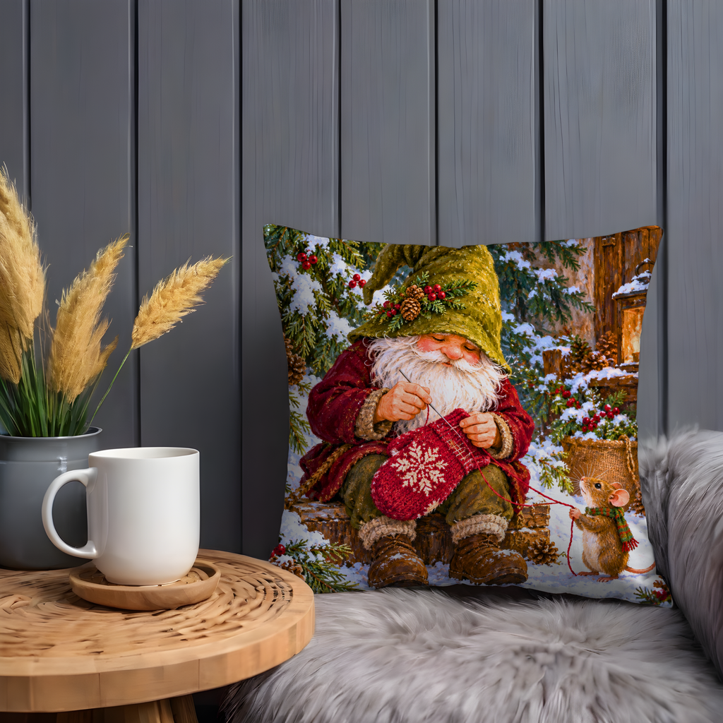 Gnome Knitting Red Mitten Pillow Cover | Snowy Winter Forest Scene Outside Rustic Cabin with snowflake design