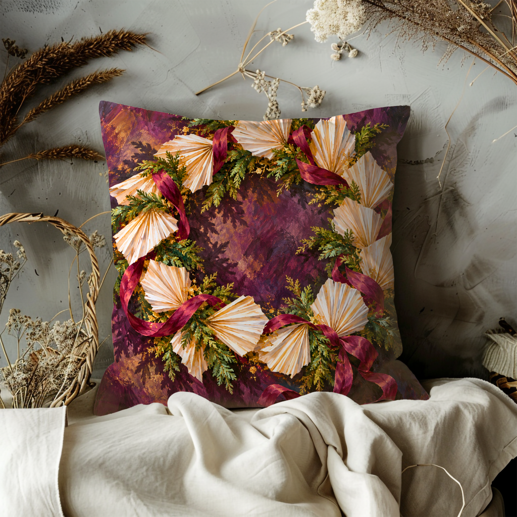 Christmas Wreath Pillow Cover | Festive Holiday Setting with Textured Background