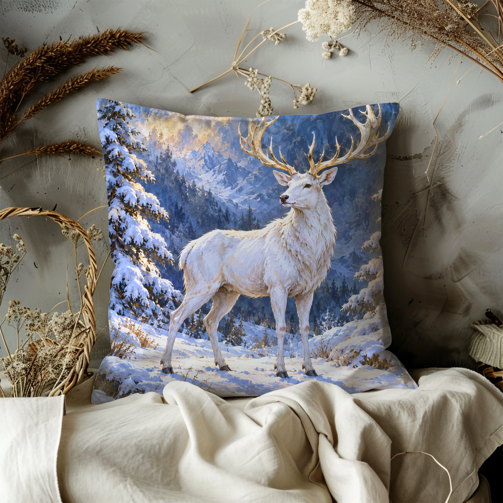 White Deer Pillow Cover | Snowy Sunrise Mountain